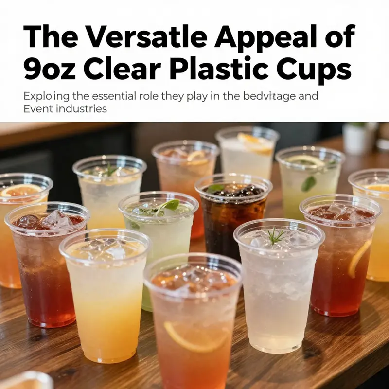 Assorted 9oz clear plastic cups filled with colorful beverages at a café, showcasing their appeal.