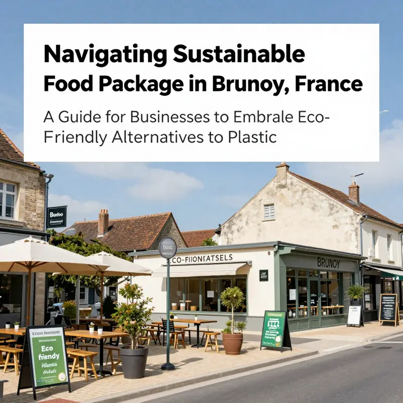 An outdoor view of Brunoy with businesses displaying their eco-friendly packaging efforts, emphasizing community engagement.
