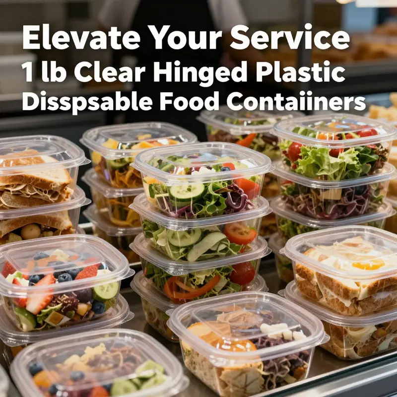 An array of 1 lb clear hinged plastic containers filled with salads, sandwiches, and desserts, appealing to food service providers.