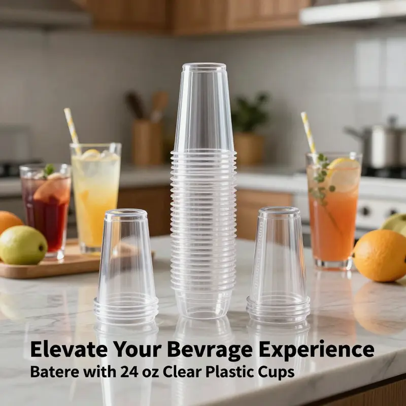 Stack of clear plastic 24 oz cups on a kitchen counter with colorful drinks behind them.