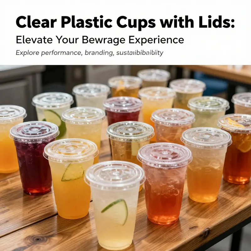 Colorful beverages served in clear plastic cups with lids on a rustic wooden surface.