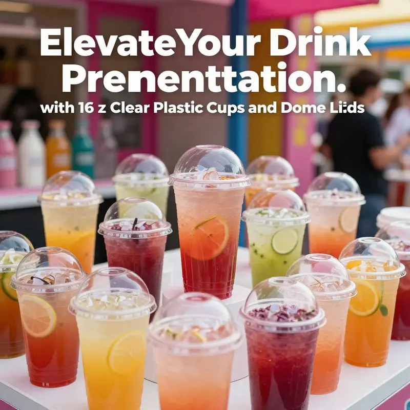 Diverse selection of clear plastic cups with dome lids featuring colorful drinks in a beverage shop.