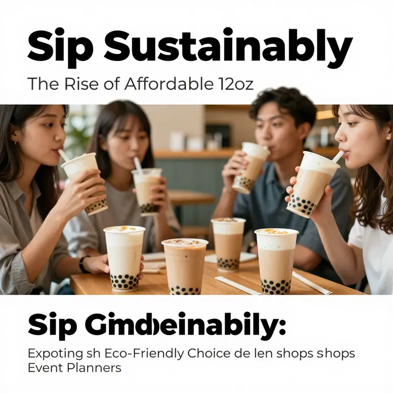 A lively café scene demonstrating the use of 12oz compostable paper cups with customers delighted by their sustainable beverage choices.