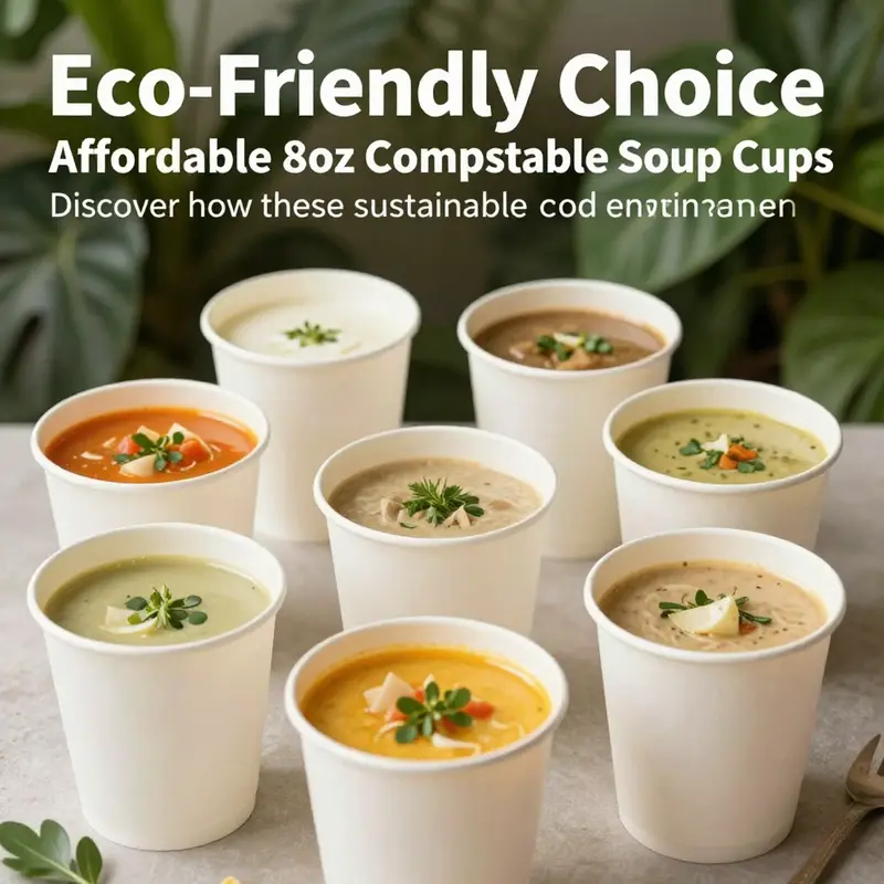 A variety of compostable soup cups filled with soups set against greenery, showcasing sustainable food packaging solutions.