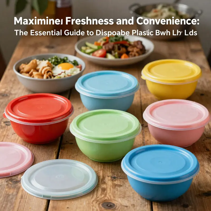 A colorful spread of disposable plastic bowls with lids on a wooden table, featuring various food samples.