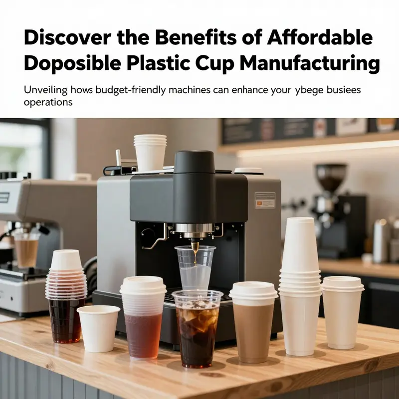 A variety of disposable plastic cups showcased in a vibrant café, representing the product output of manufacturing machines.