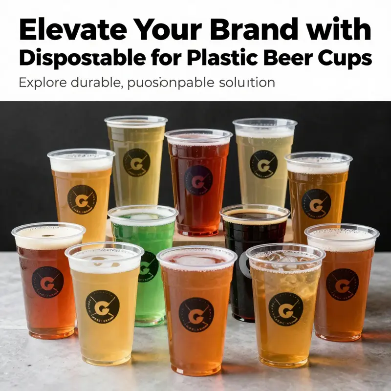An artistic arrangement of disposable plastic beer cups with colorful drinks and logos highlighting branding opportunities.