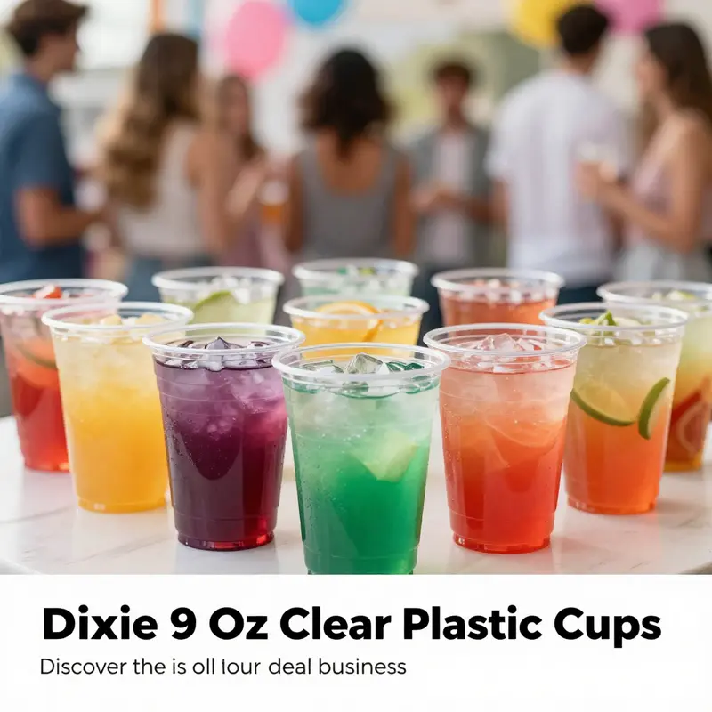 Dixie 9 oz clear plastic cups filled with various colorful drinks at a festive gathering.