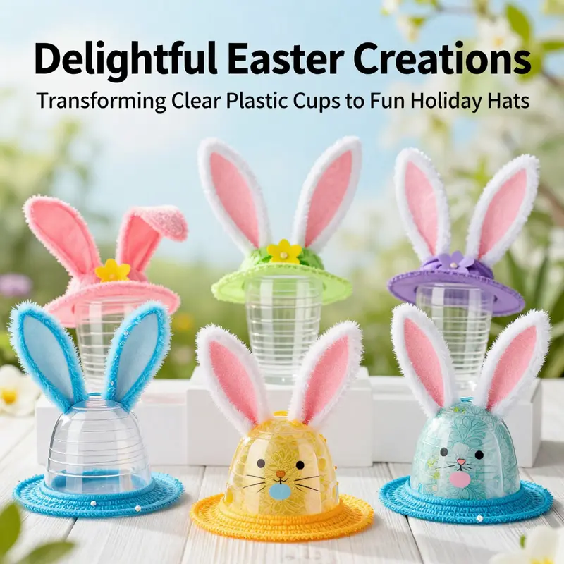 An assortment of creative Easter hats fashioned from clear plastic cups, bright and cheerful for the season.