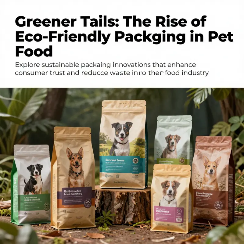 Various eco-friendly pet food packages set in a natural context, emphasizing the focus on sustainability and the environment.