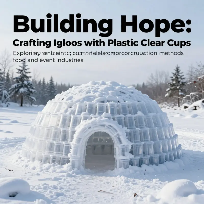 A picturesque scene of an igloo made from clear plastic cups in a snowy environment, symbolizing sustainability.