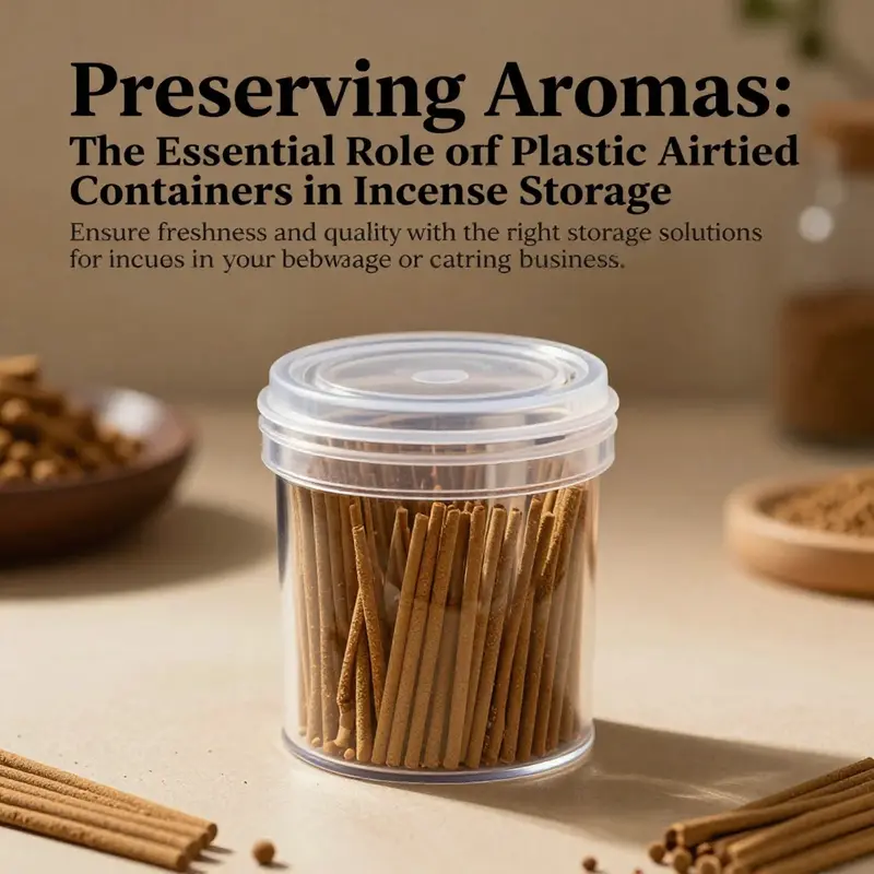 An elegant plastic airtight container filled with incense, set against a soothing ambient light backdrop.