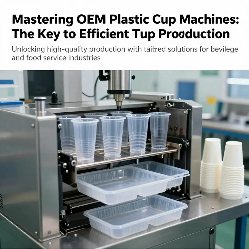 An overview of an OEM plastic cup machine working on multiple types of disposable trays and cups.