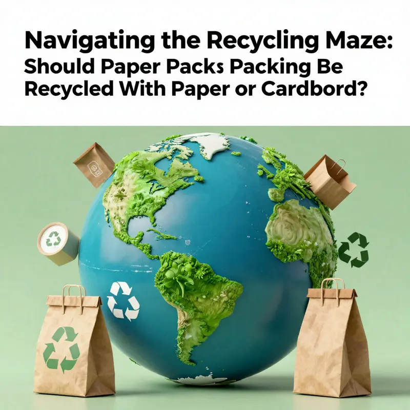 An illustration of recycling symbols and paper packaging elements against a backdrop of a green planet.