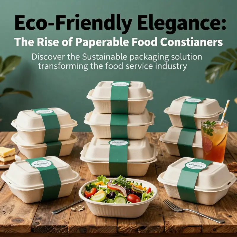 An attractive array of papercraft disposable food containers filled with various food items, representing their use in the food industry.
