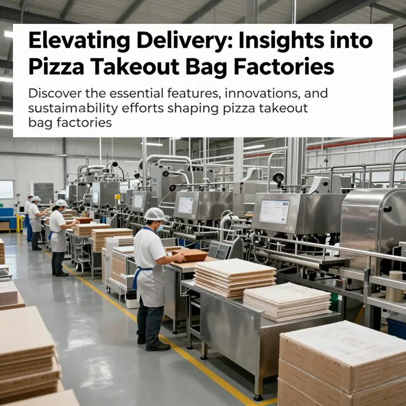 A modern pizza takeout bag factory with employees and eco-friendly production methods.