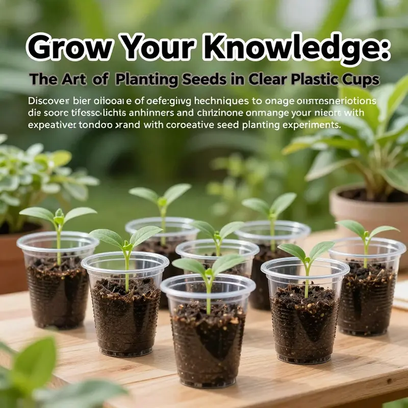 Outdoor workspace with seedlings in clear plastic cups, highlighting the gardening activity.