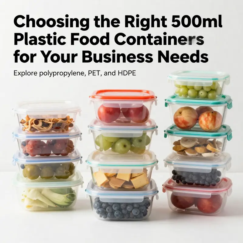 A variety of 500ml plastic food containers in different shapes and colors, showcasing different foods in an appealing manner.