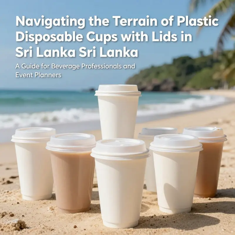 An assortment of colorful plastic disposable cups with lids beautifully framed by the picturesque beaches of Sri Lanka.