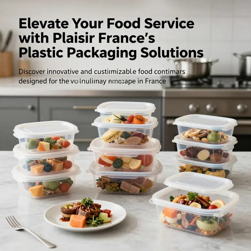 Various plastic food containers with gourmet food presentations in a professional kitchen setting.