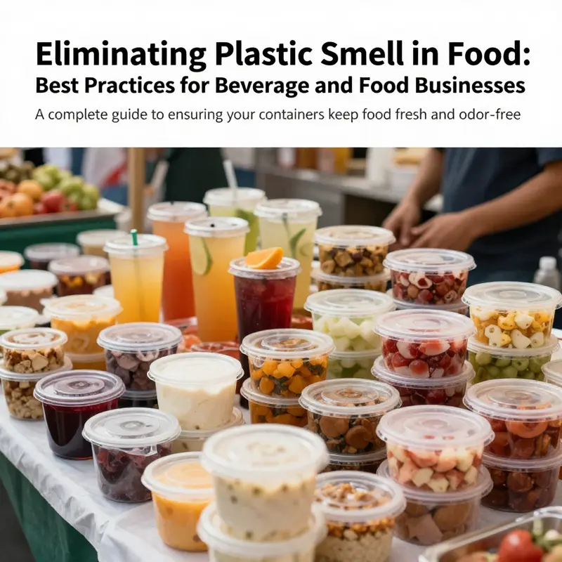 Colorful display of food items and drinks in clean containers, showcasing the importance of avoiding plastic smells.