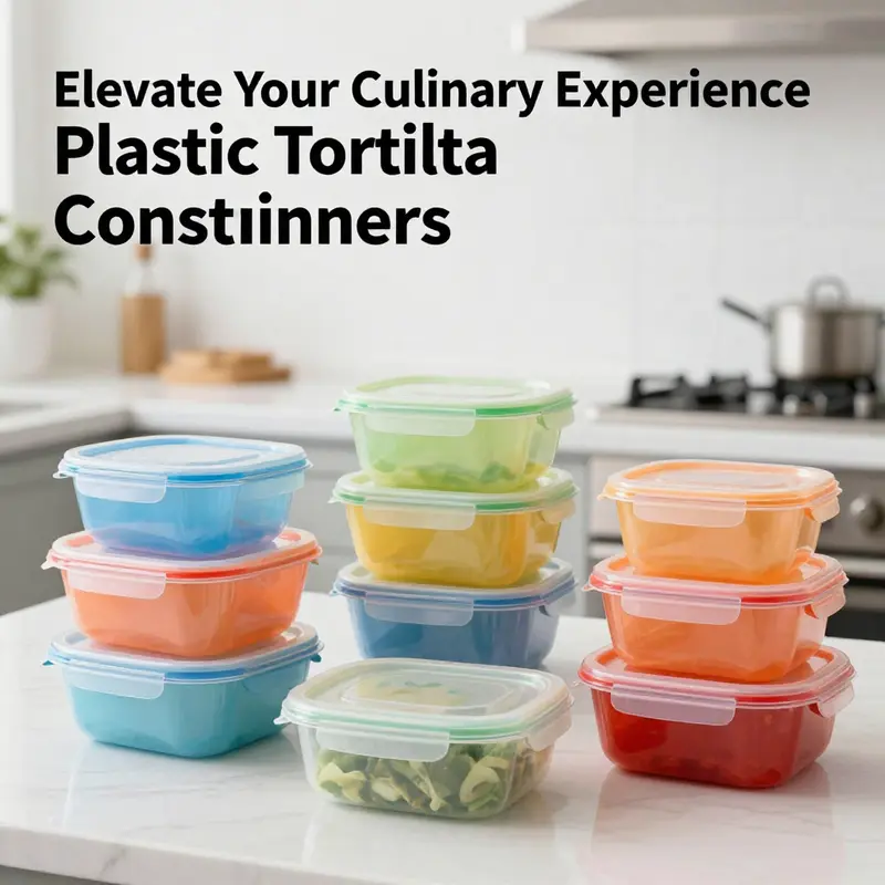 Colorful stack of plastic tortilla containers in a clean kitchen, representing versatility in food storage.