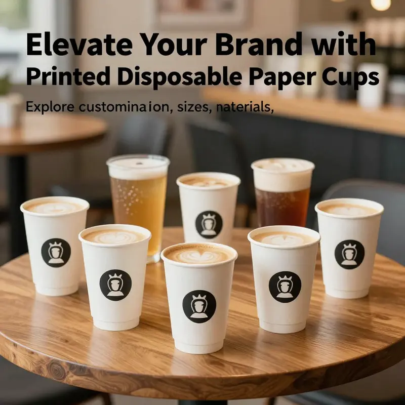 A collection of printed disposable paper cups filled with different beverages, arranged aesthetically on a wooden table.