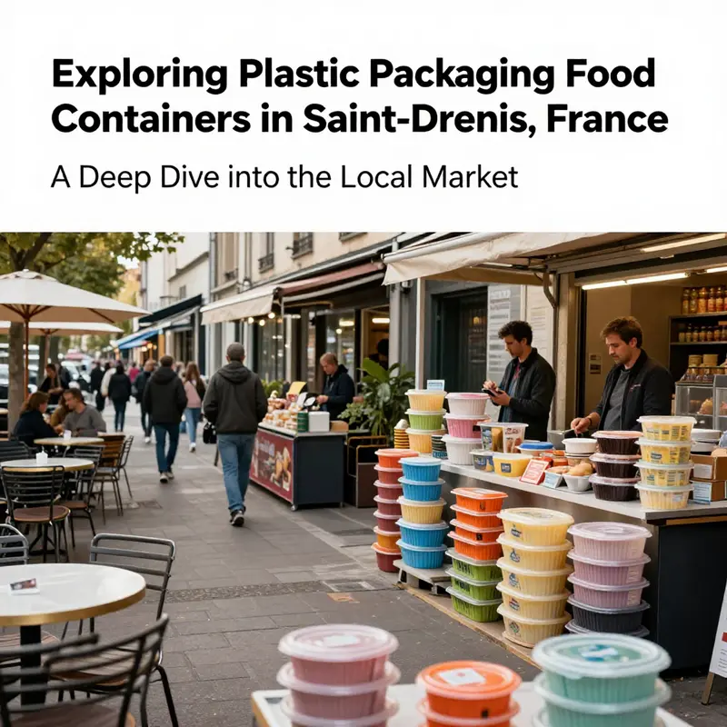 Panoramic view of Saint-Denis with food vendors and cafes using plastic food containers in their offerings.