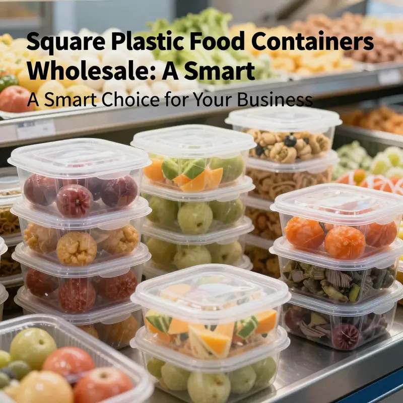 A cover image featuring a variety of square plastic food containers filled with colorful foods, set in a vibrant food service environment.