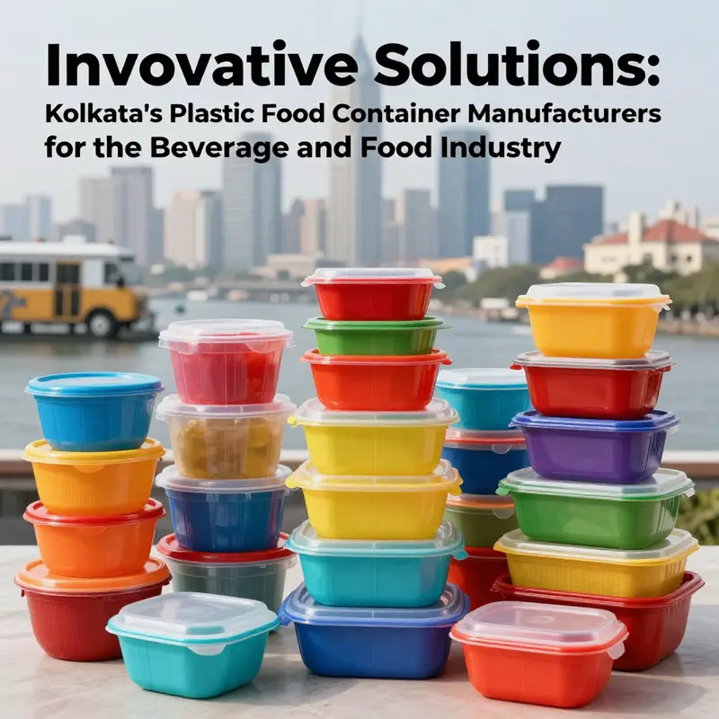 An array of colorful plastic food containers against the skyline of Kolkata, exemplifying local manufacturers' offerings.