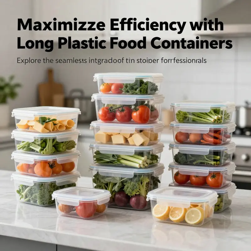 Beautifully arranged long plastic food containers with colorful ingredients in a modern kitchen setting.