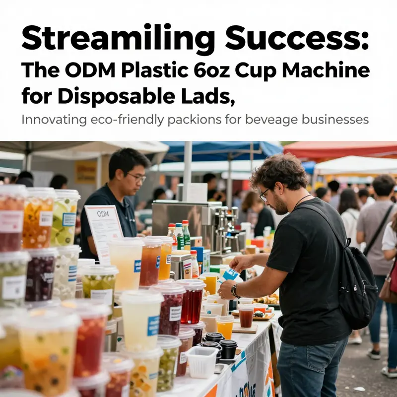 A panoramic view of a lively beverage market featuring various packaging options, emphasizing the role of ODM plastic lids.