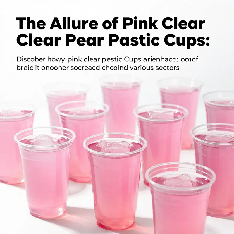 An array of pink clear plastic cups filled with colorful beverages, displaying an inviting and celebratory atmosphere.