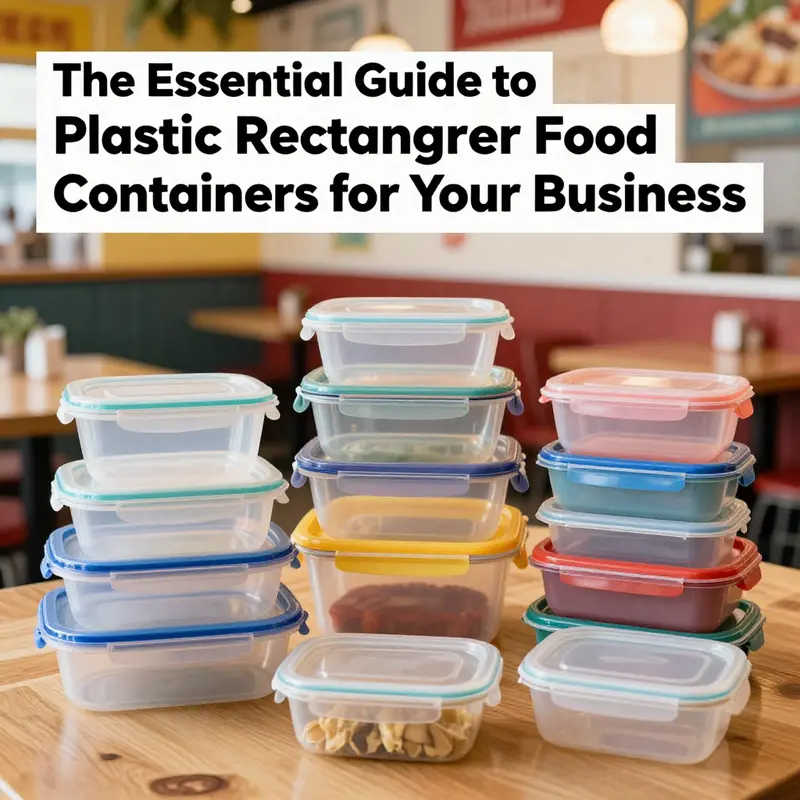 Colorful collection of plastic rectangular food containers in a lively restaurant environment.