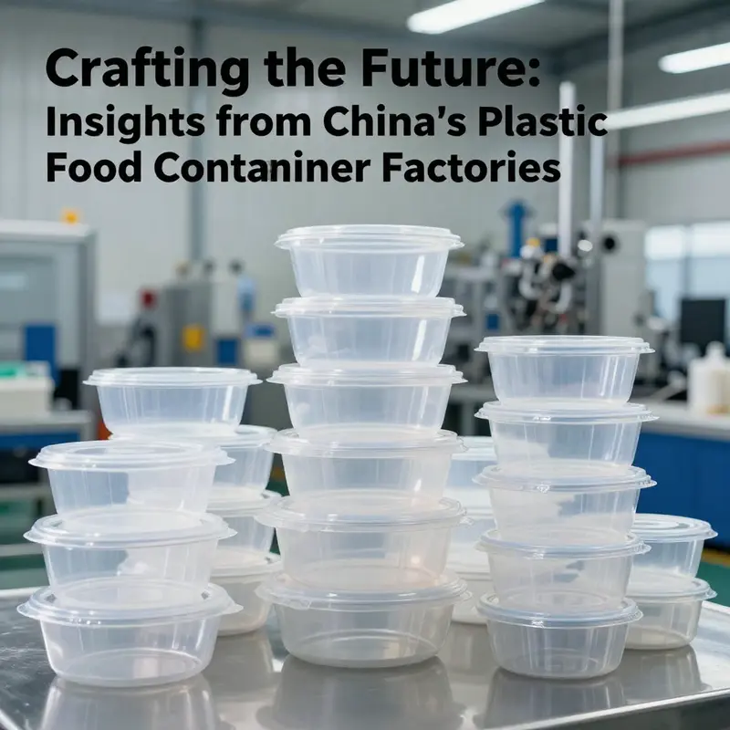 An arrangement of colorful plastic food containers in front of a contemporary manufacturing plant.