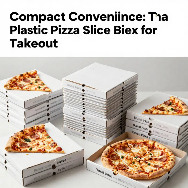 Colorful display of plastic pizza slice boxes with pizza slices, representing modern takeout solutions.