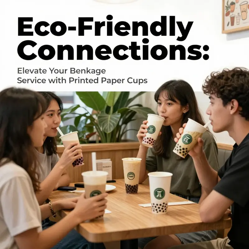 Customers enjoying bubble tea in printed eco-friendly paper cups at a vibrant tea shop.