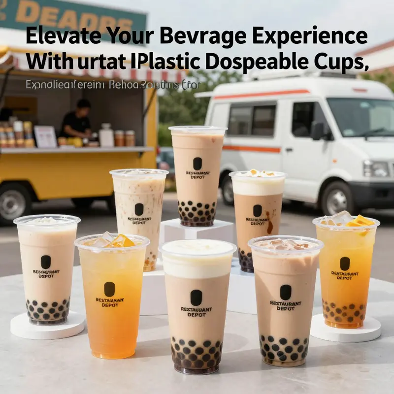 An eye-catching image featuring different styles of plastic disposable cups from Restaurant Depot used in various food service contexts.