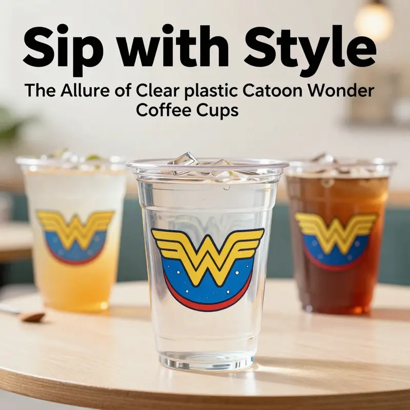 Brightly colored image featuring a cartoon-inspired Wonder Woman coffee cup in a cheerful cafe setting.