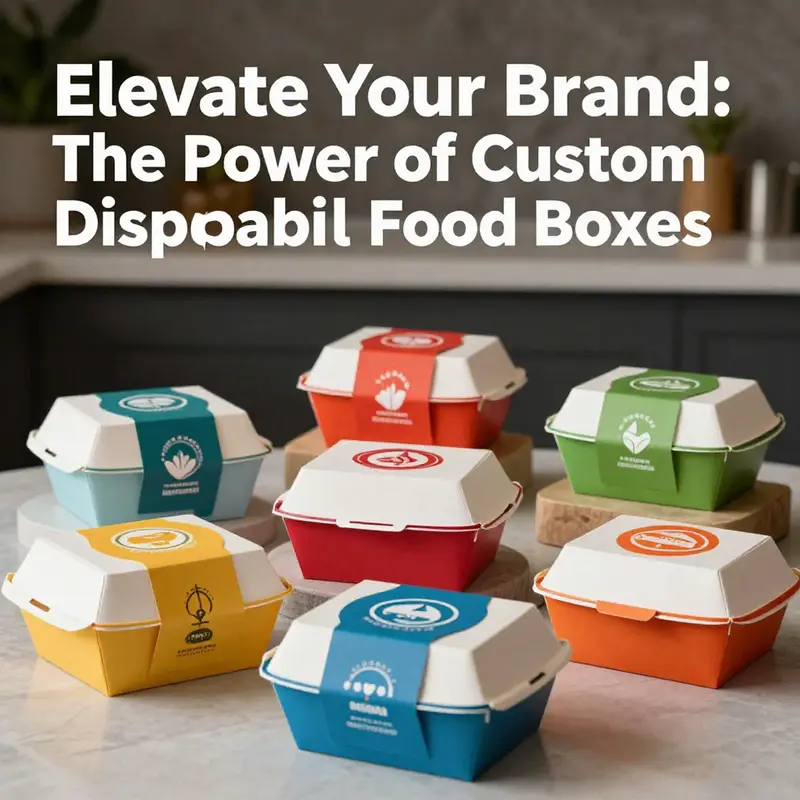 A beautiful arrangement of colorful custom printed disposable food boxes in a modern food setting, symbolizing creativity and sustainability.