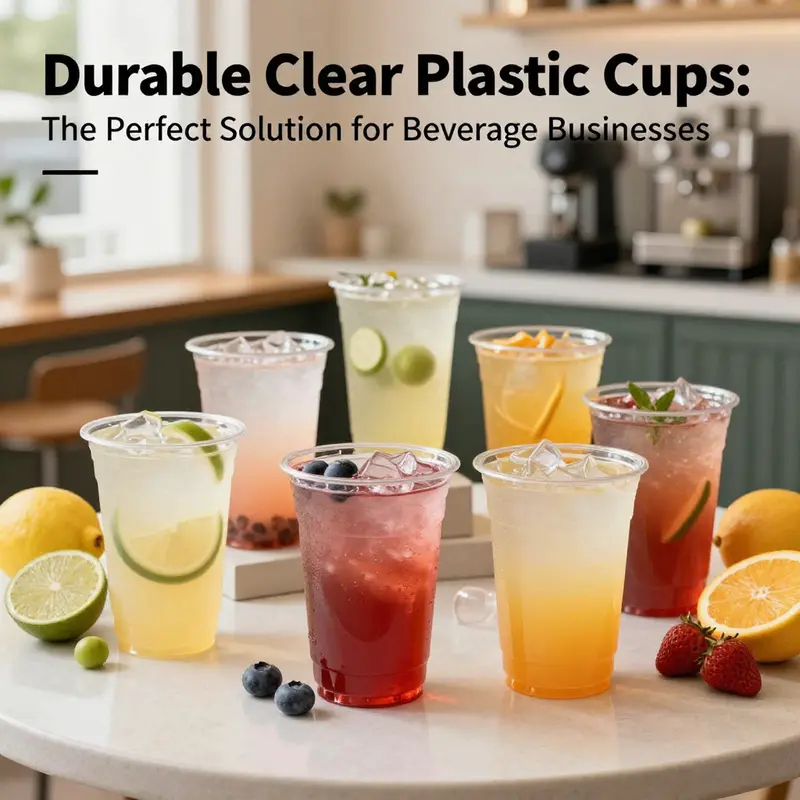 An inviting display of durable clear plastic cups with various colorful drinks in a cozy café environment.