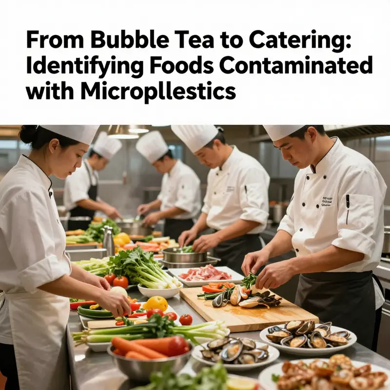 Busy restaurant kitchen with chefs preparing fresh food ingredients, emphasizing sustainability and safety.