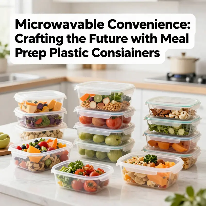 A photo showcasing diverse meal prep plastic containers filled with colorful foods, designed for microwave use.