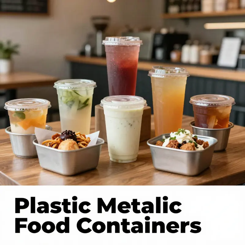 A vibrant cafe scene featuring a variety of beverages and dishes in plastic metallic food containers, highlighting their appeal.