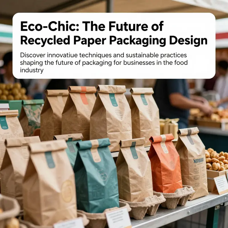 A vibrant food market scene featuring various designs of recycled paper packaging, showcasing their importance in the industry.