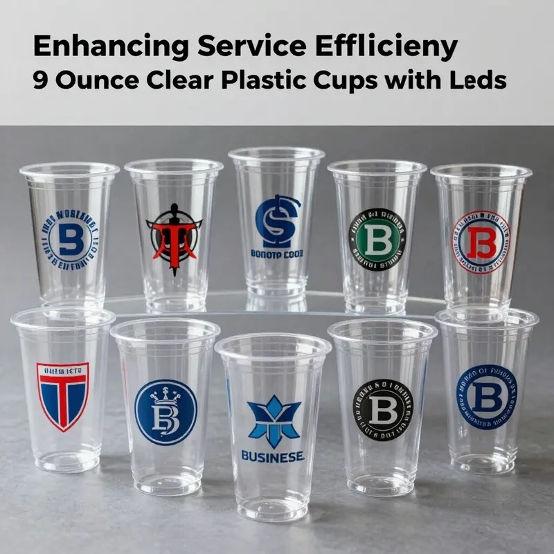 A variety of 9-ounce clear plastic cups with distinct lid designs, highlighting versatility.