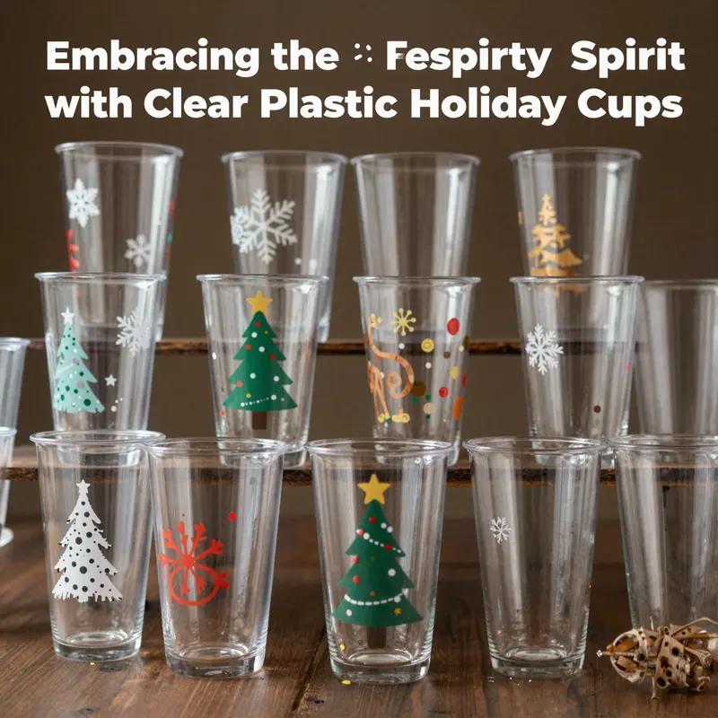 Eco-friendly clear plastic cups showcased with natural decor, highlighting sustainability efforts.