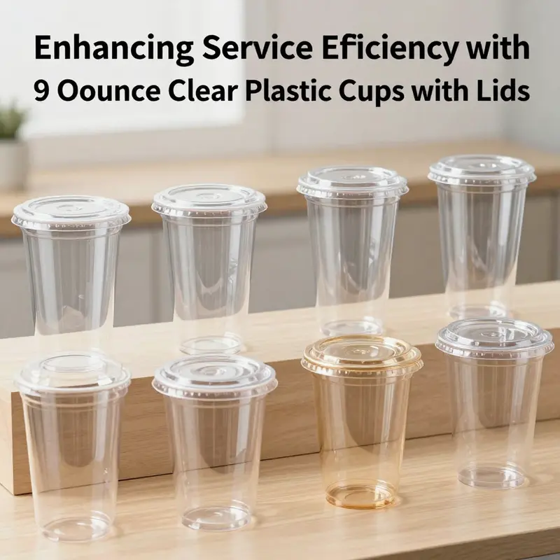 A variety of 9-ounce clear plastic cups with distinct lid designs, highlighting versatility.
