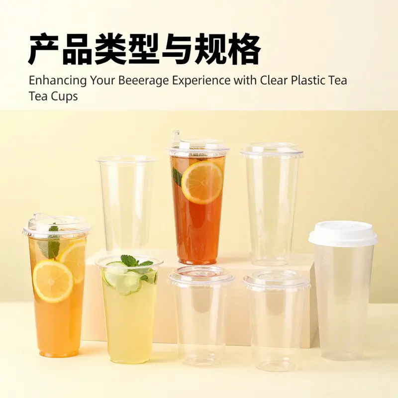 A showcase of clear plastic tea cups in various sizes and styles, highlighting their versatility and appeal.