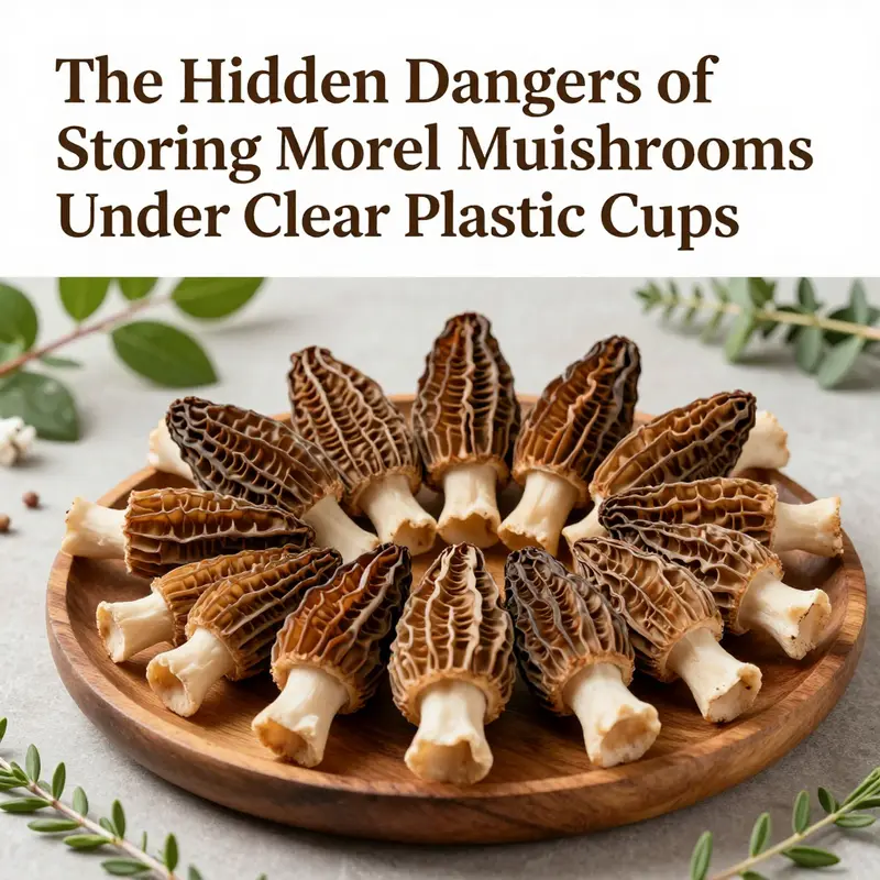 Morel mushrooms covered with plastic cups showing moisture buildup and decay.